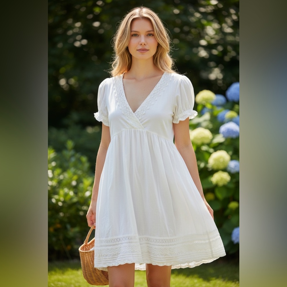 Prana White Cotton Lace Trim Dress